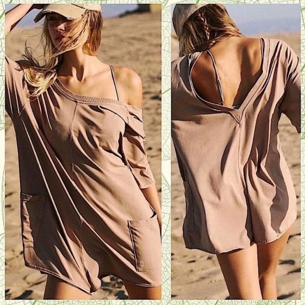 NWT Free People Movement Hot Shot Tee Romper Mocha Latte Tan Oversized Sz S
